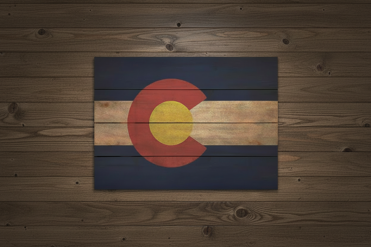 Wooden wall art with Colorado flag design on a white wall above a wooden shelf.
